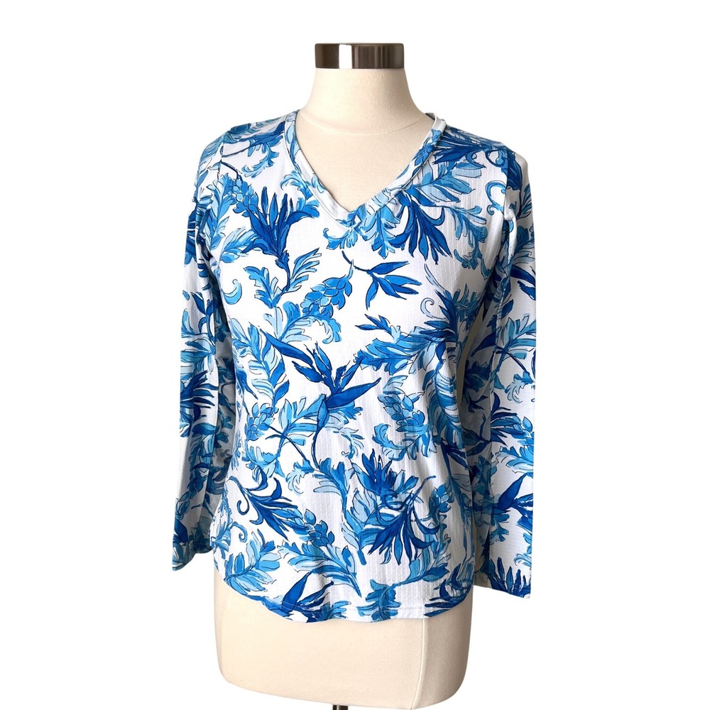 Icikuls Womens Blue White Tropical Floral Sun Shirt Long Sleeve‎ V-Neck Small